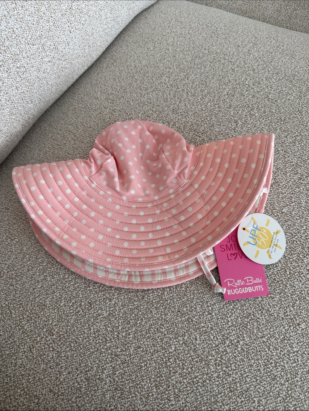Ruffle Butts Pink Polka Dot Sun Hat with Chin Strap